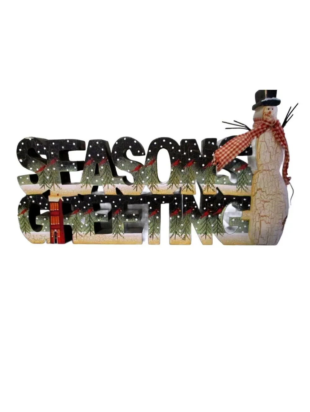 Vintage 1980s City Mountain Wooden Seasons Greetings Snowman Christmas Sign